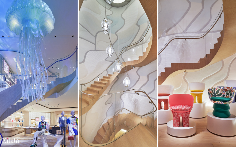 thiết kế gây ấn tượng thị giác phía trong cửa hàng, tạo cảm giác mềm mại và bồng bềnh